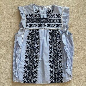 Veronica Beard Blue & White Striped Lace Embroidered Sleeveless Top Size 8